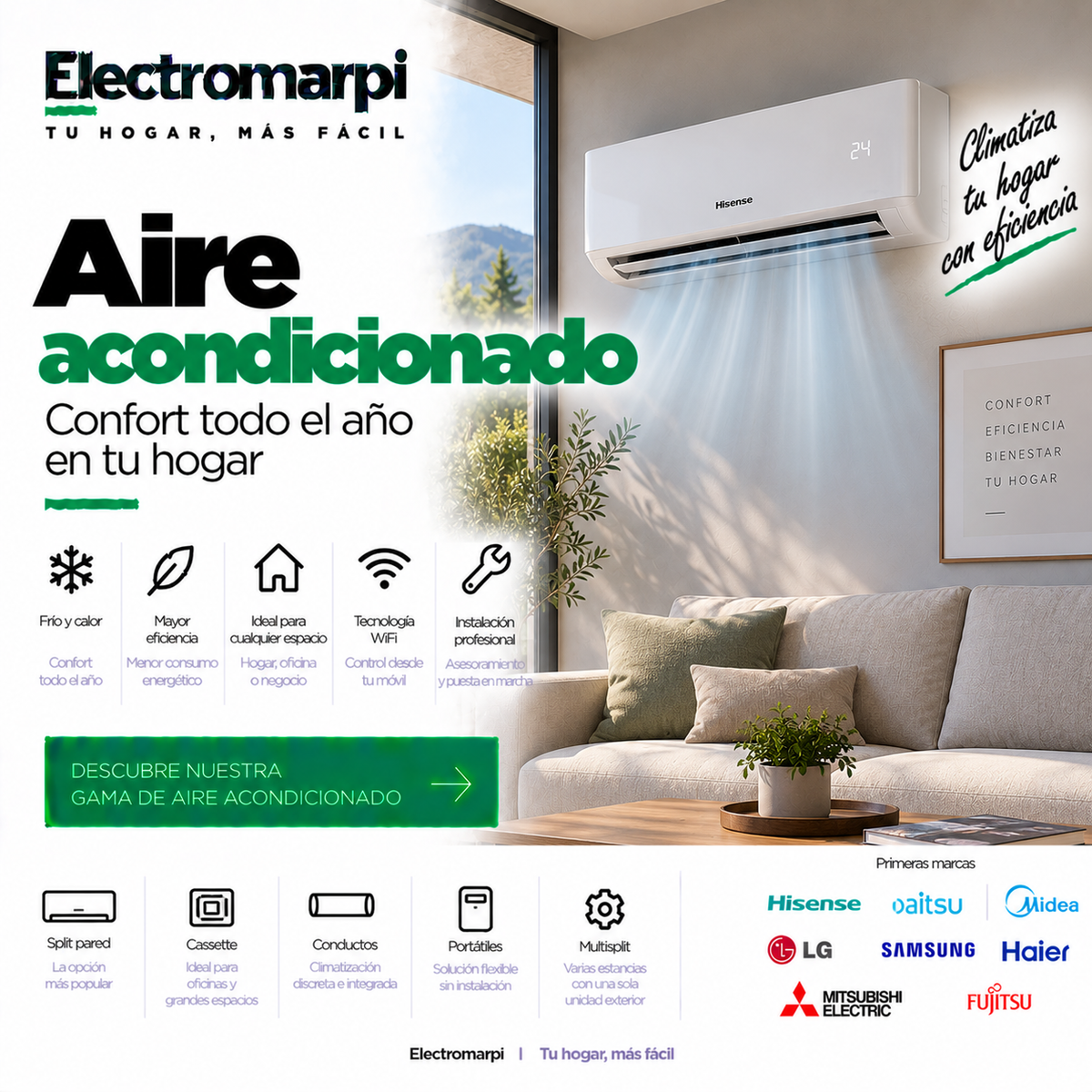 Aire acondicionado split, multisplit, conductos, cassette y portátil con frío, calor y WiFi - Electromarpi