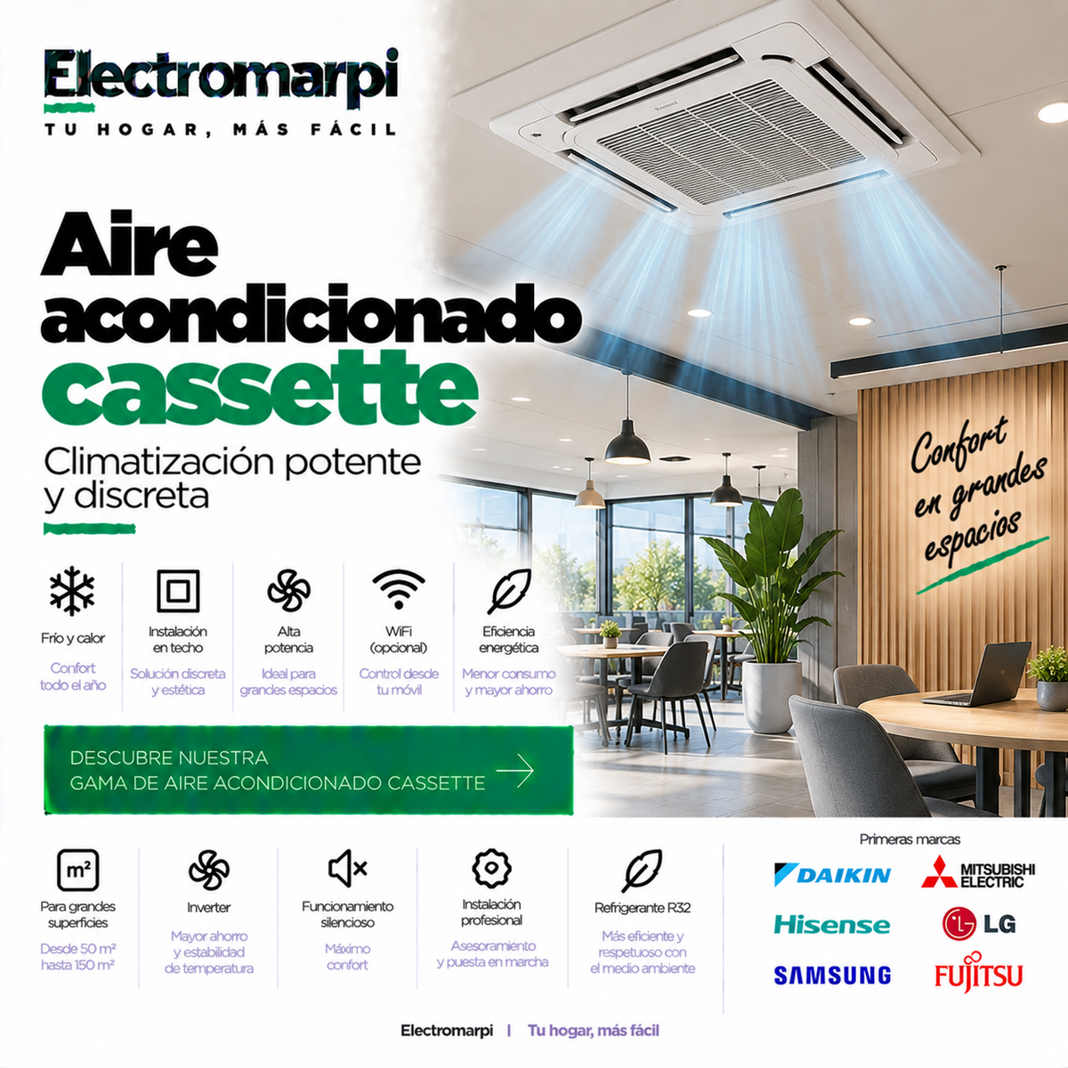 Aire acondicionado cassette de techo con frío, calor, inverter y WiFi según modelo - Electromarpi