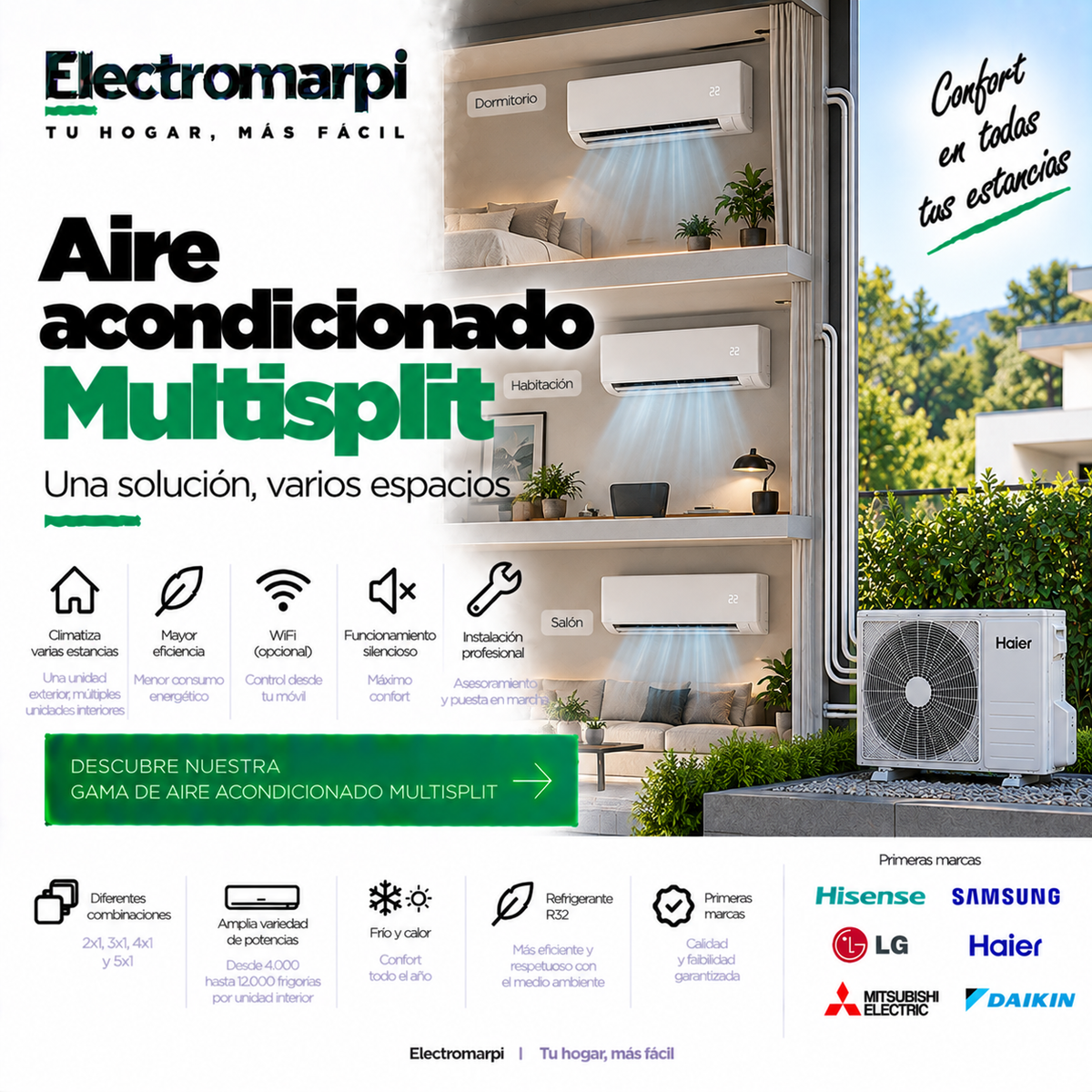 Aire acondicionado Multisplit 2x1 y 3x1 con frío, calor, WiFi e inverter - Electromarpi