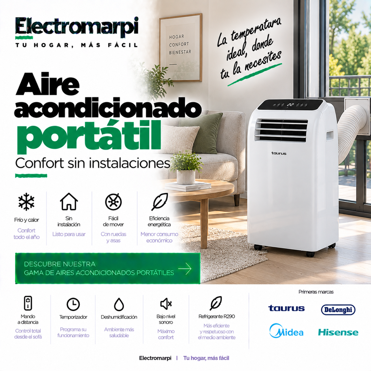 Aire acondicionado portátil con ruedas y tubo de evacuación a ventana - Electromarpi