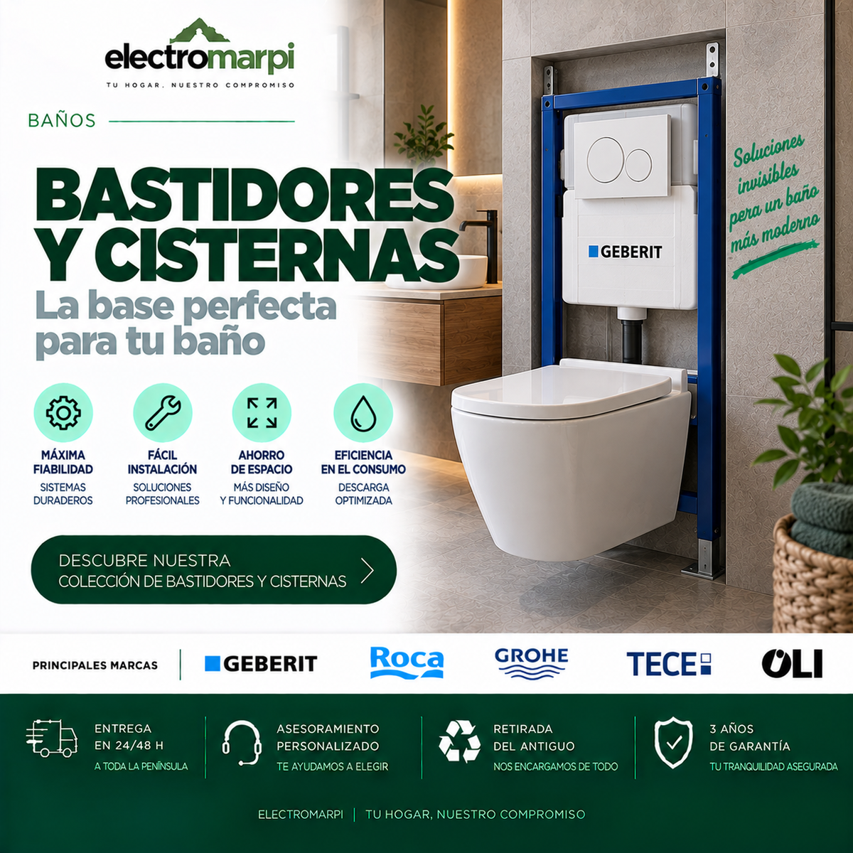 Bastidor para inodoro suspendido con cisterna empotrada y pulsador de doble descarga en baño moderno - Electromarpi