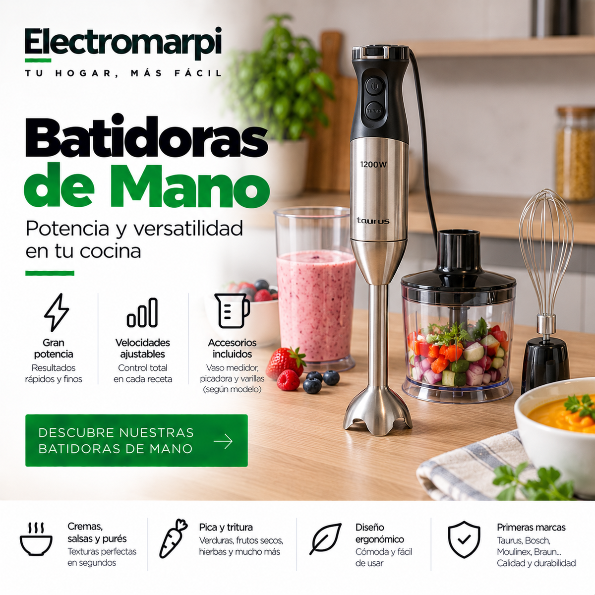 Batidoras de mano potentes con velocidades ajustables y accesorios - Electromarpi