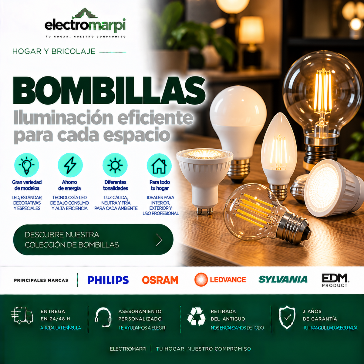 Bombillas LED E27, E14 y GU10 en diferentes formatos y tonalidades de luz - Electromarpi