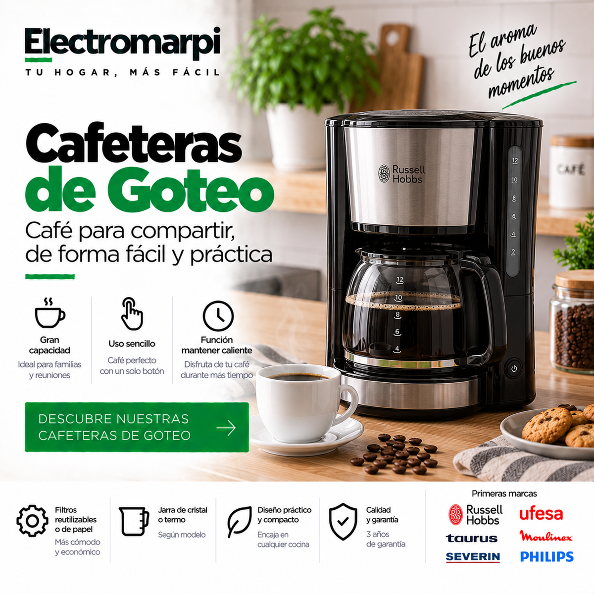 Cafeteras de goteo con jarra de cristal o térmica y función mantener caliente - Electromarpi