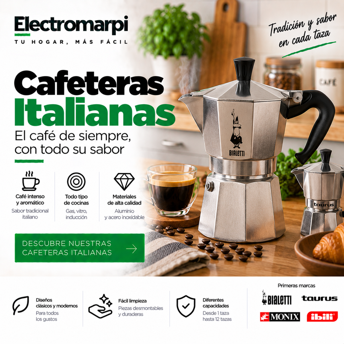 Cafeteras italianas moka para gas, vitrocerámica e inducción - Electromarpi