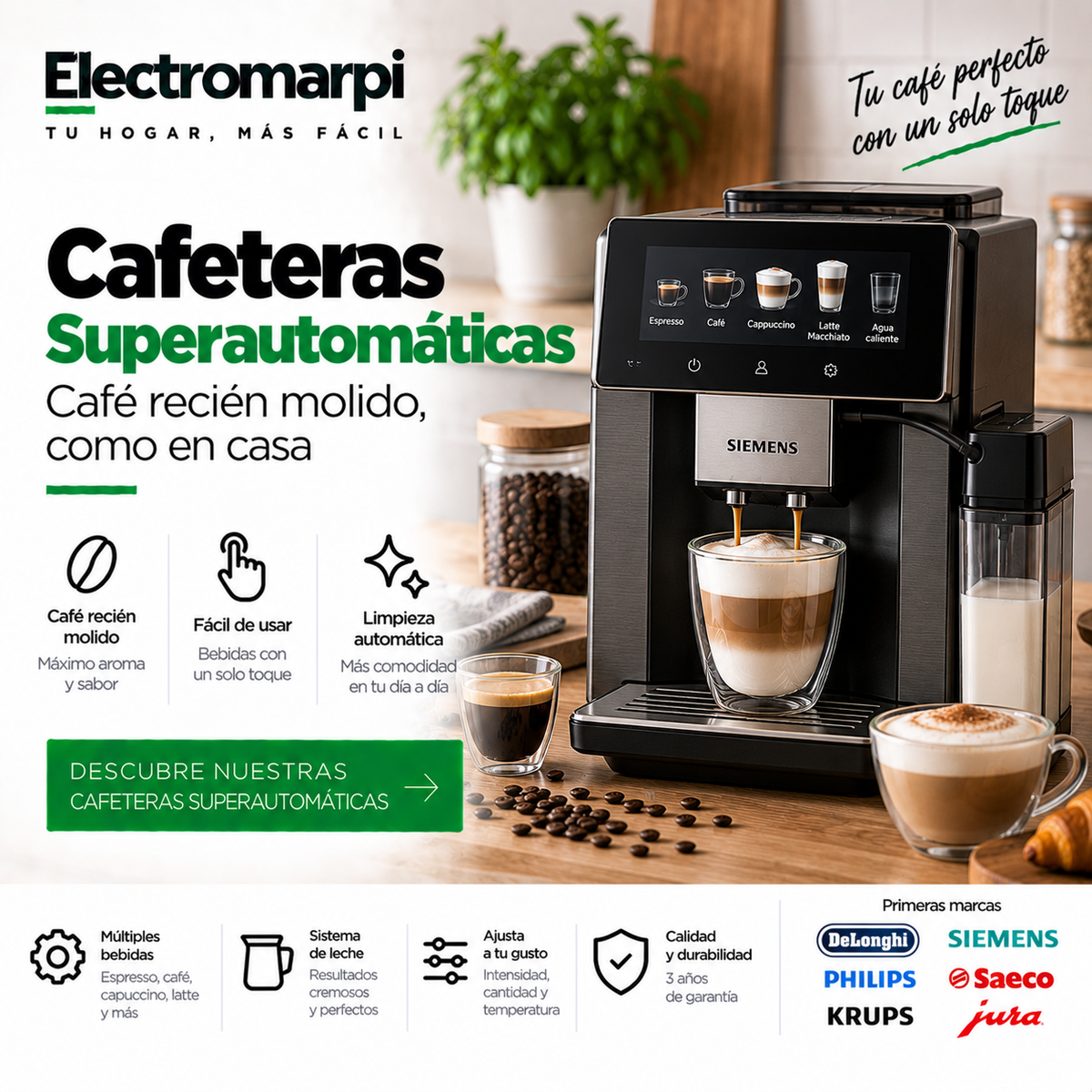 Cafeteras superautomáticas con molinillo integrado y bebidas con leche - Electromarpi