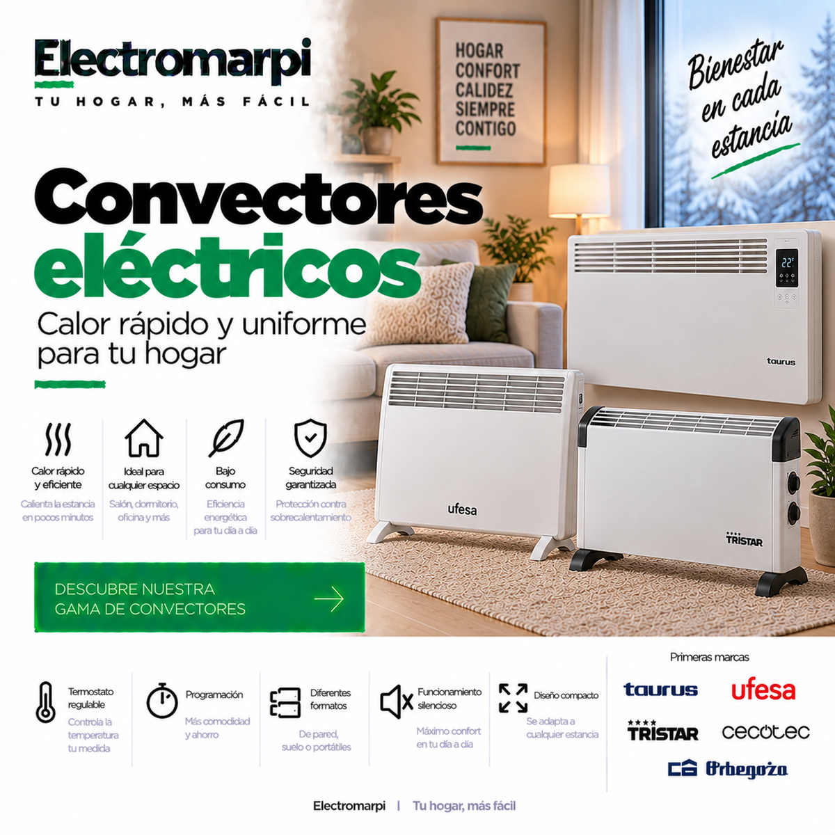 Convectores eléctricos con termostato regulable, distintas potencias y formatos - Electromarpi