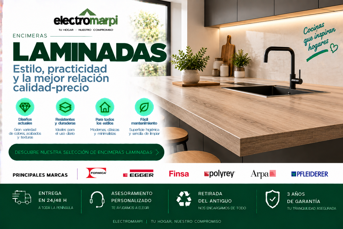 Encimeras laminadas prácticas, resistentes y fáciles de mantener en distintos colores, texturas y acabados - Electromarpi