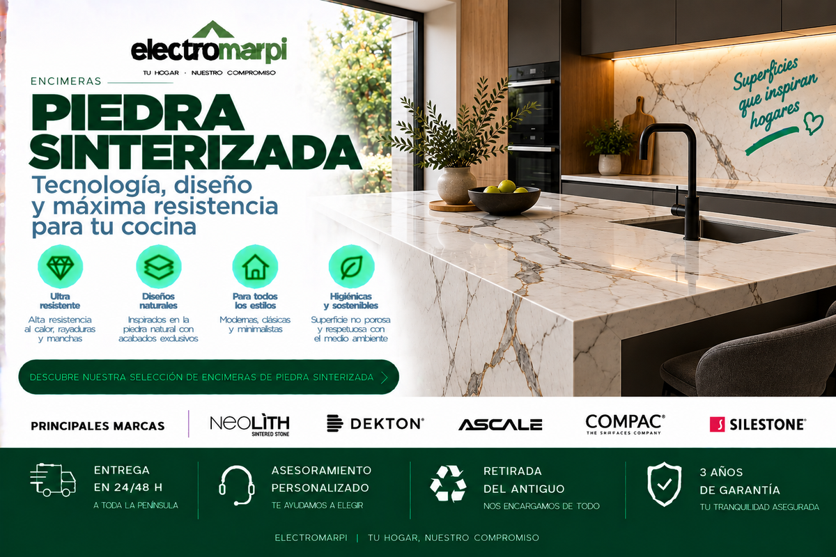 Encimeras de piedra sinterizada resistentes al calor, rayado y manchas en distintos acabados para cocinas - Electromarpi
