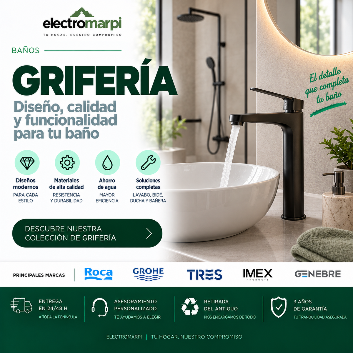 Grifería de baño moderna con grifo monomando negro, lavabo sobre encimera y ducha - Electromarpi