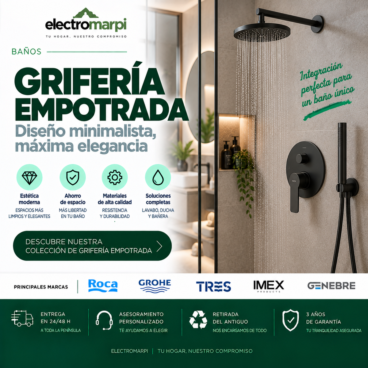 Grifería empotrada de ducha negra con rociador, mandos integrados y ducha de mano en baño moderno - Electromarpi