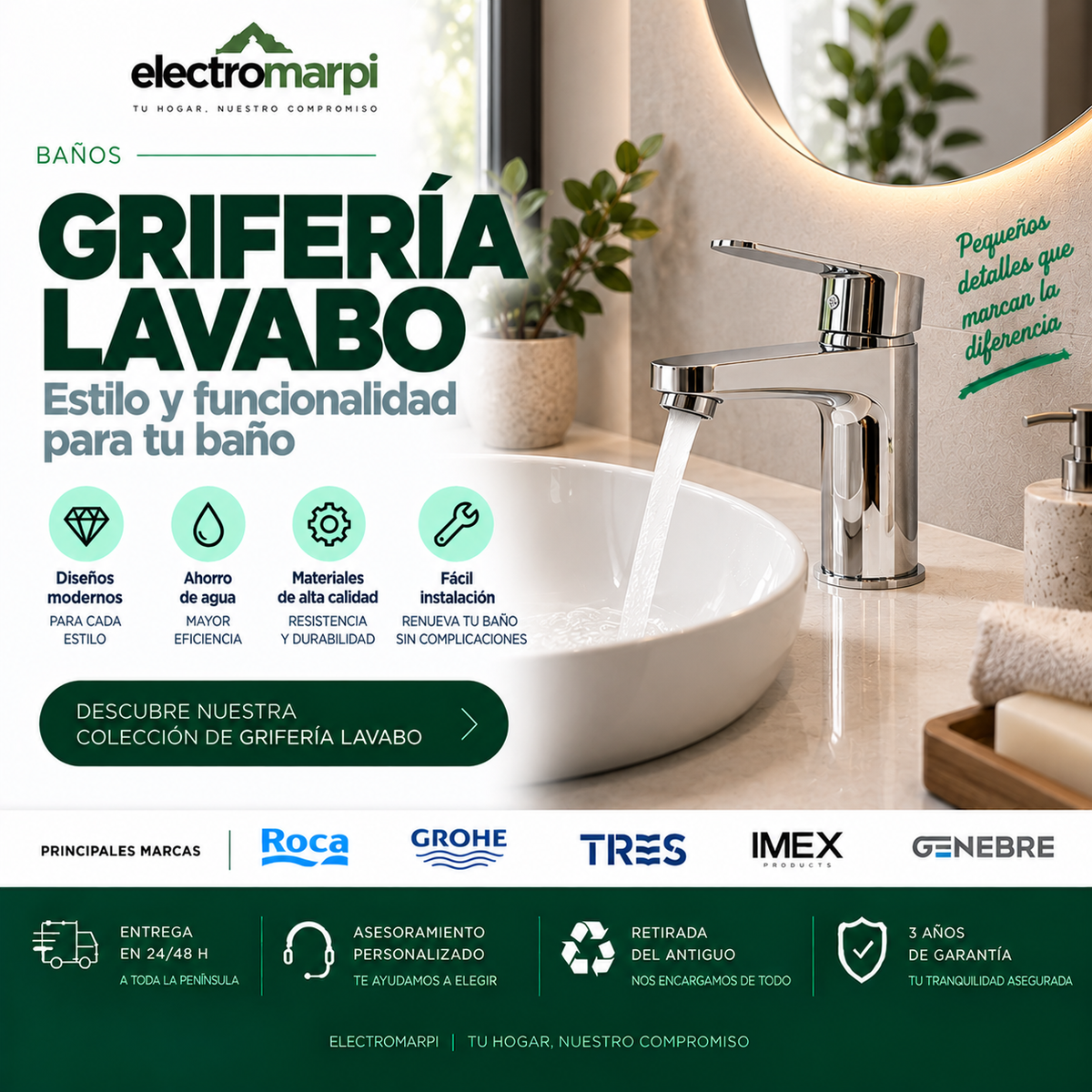 Grifo de lavabo monomando cromado sobre lavabo blanco en baño moderno - Electromarpi