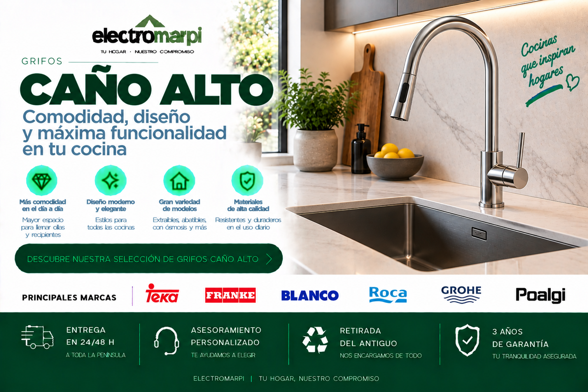 Grifos de cocina de caño alto con mayor espacio de trabajo, diseño moderno y distintos acabados - Electromarpi