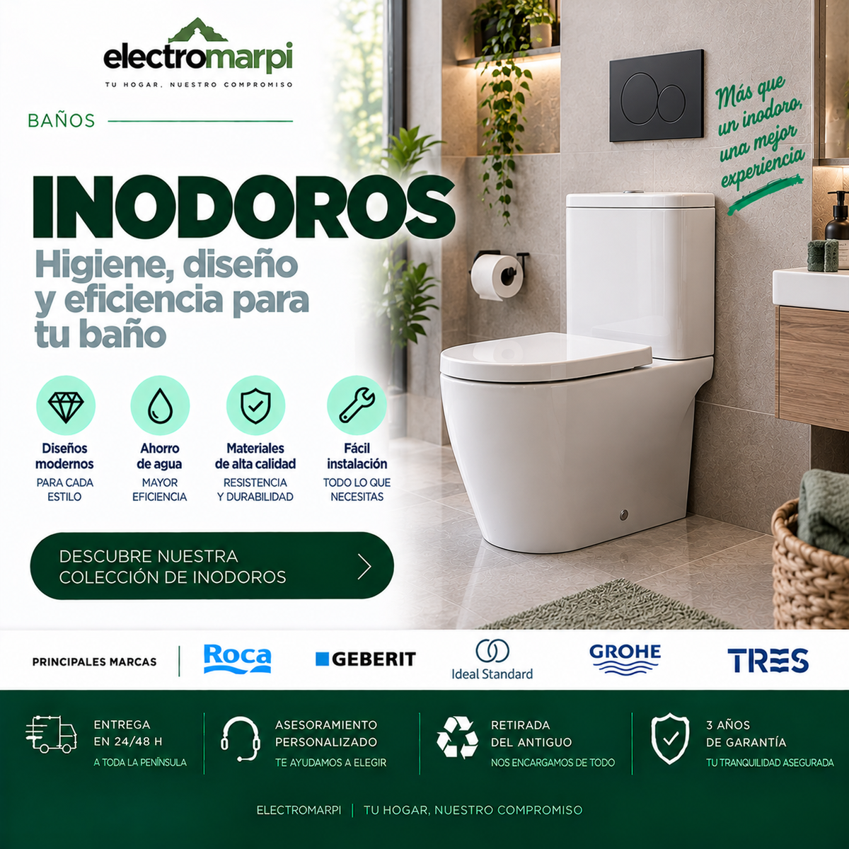Inodoro blanco moderno con cisterna de superficie en baño contemporáneo - Electromarpi