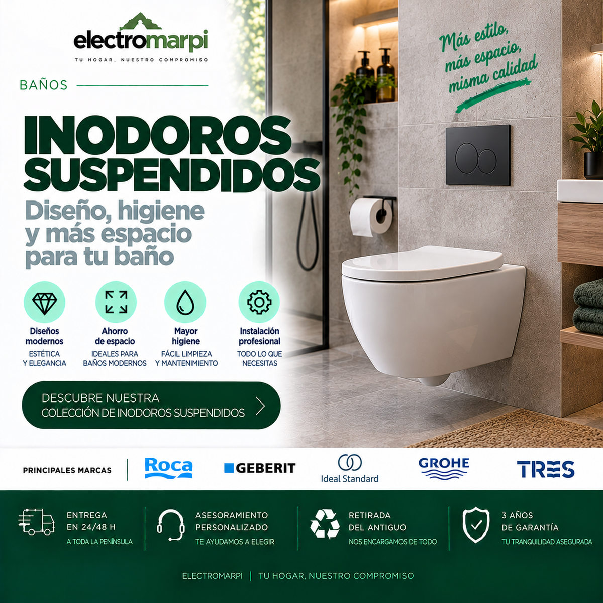 Inodoro suspendido blanco con cisterna empotrada y pulsador de doble descarga en baño moderno - Electromarpi