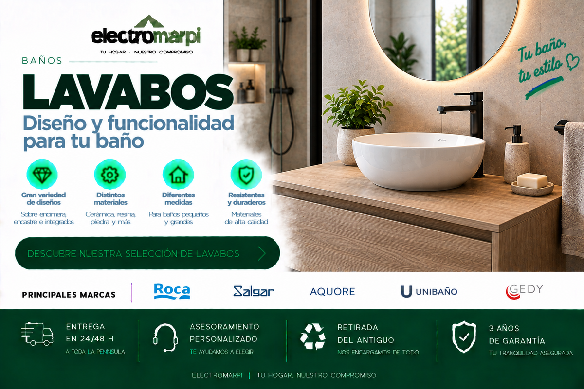 Lavabos de baño sobre encimera, integrados, suspendidos y bajo encimera en diferentes materiales y medidas - Electromarpi