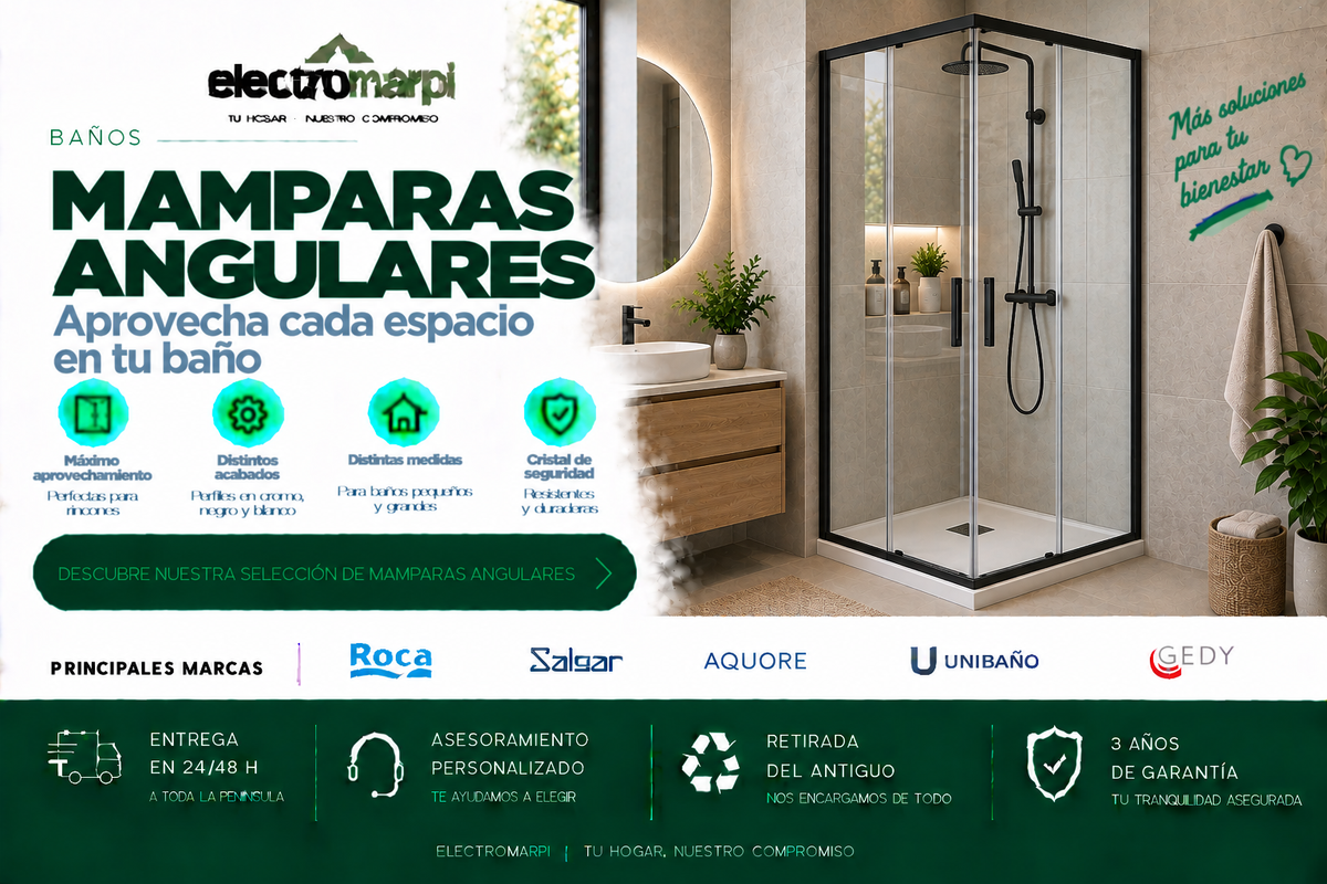 Mamparas angulares de baño para duchas de esquina en diferentes medidas, aperturas y acabados - Electromarpi