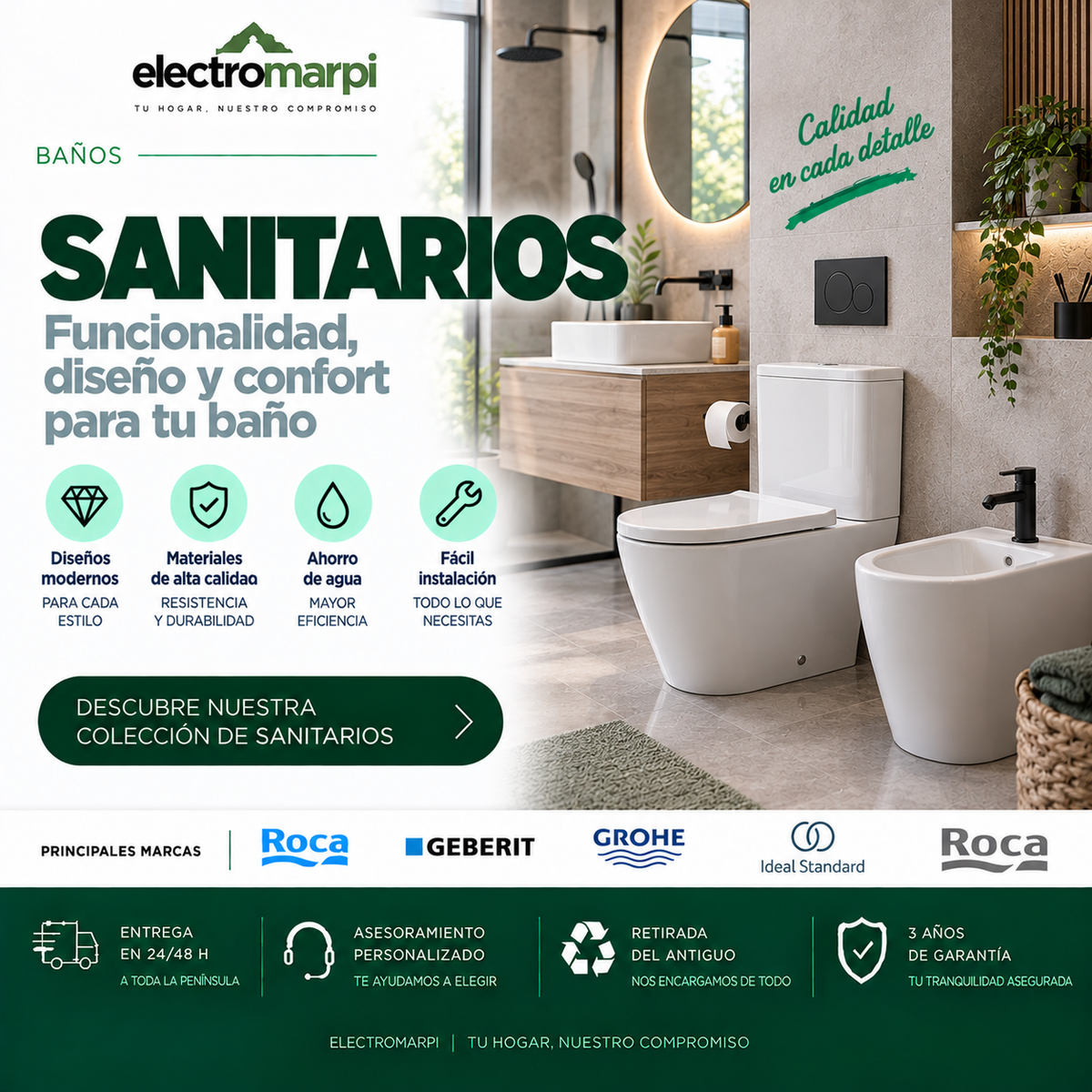 Sanitarios de baño con inodoro blanco y bidé en un baño moderno - Electromarpi