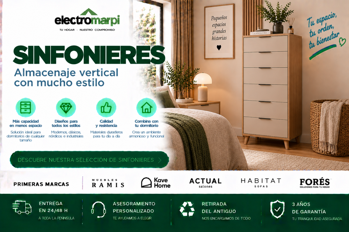 Sinfonieres altos con varios cajones y distintos acabados para ganar almacenaje vertical en el dormitorio - Electromarpi