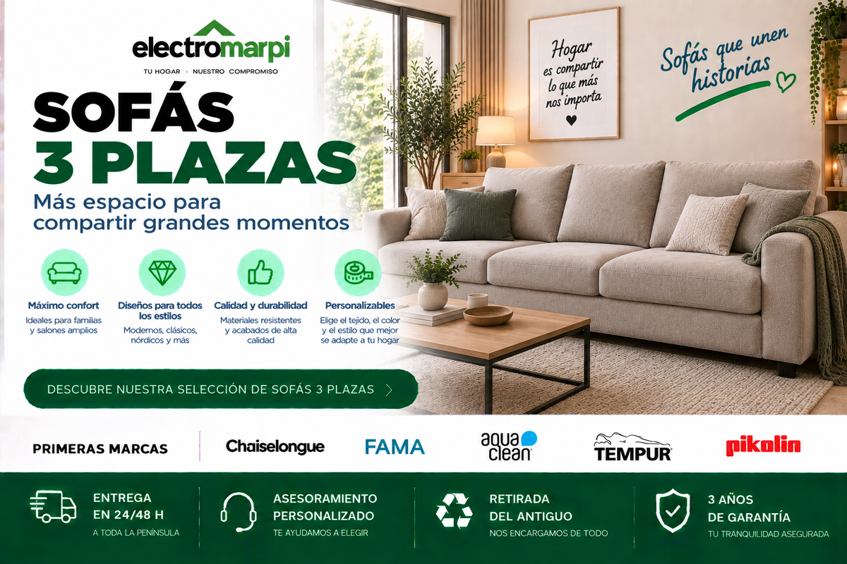 Sofás de 3 plazas amplios, cómodos y personalizables para salones familiares - Electromarpi