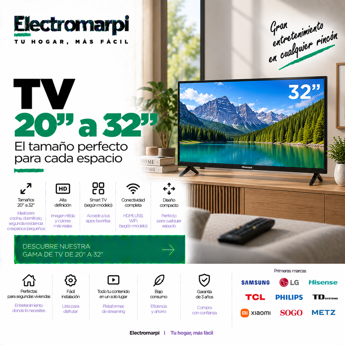 TV de 20 a 32 pulgadas compactas con Smart TV, HD y conectividad según modelo - Electromarpi