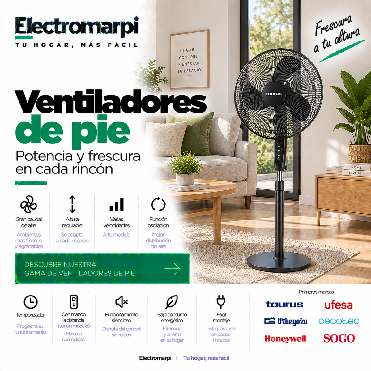 Ventiladores de pie con altura regulable, oscilación, varias velocidades y mando según modelo - Electromarpi