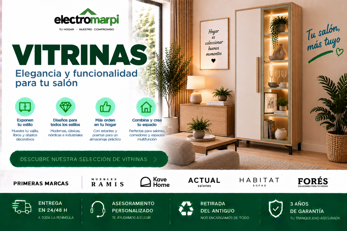 Vitrinas de salón con puertas de cristal, iluminación y almacenaje para exponer y proteger tus objetos - Electromarpi