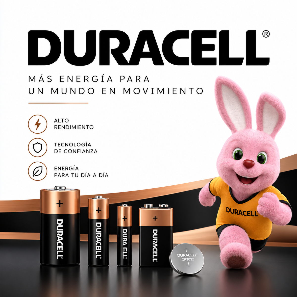Duracell, marca de pilas alcalinas, recargables y de botón para dispositivos electrónicos.