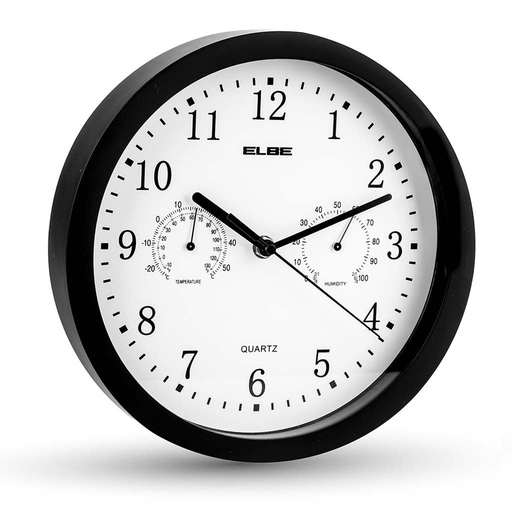 RELOJ ANALOG ELBE RP1005N PARED NEG 25CM TEMP/HUME
