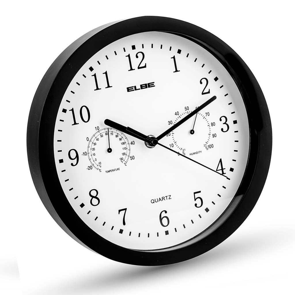 RELOJ ANALOG ELBE RP1005N PARED NEG 25CM TEMP/HUME