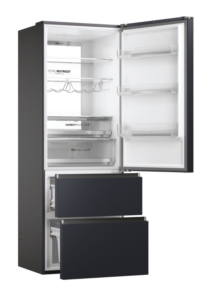 Frigorífico combi Haier HTW7720ENMB – distribución de estantes y compartimentos
