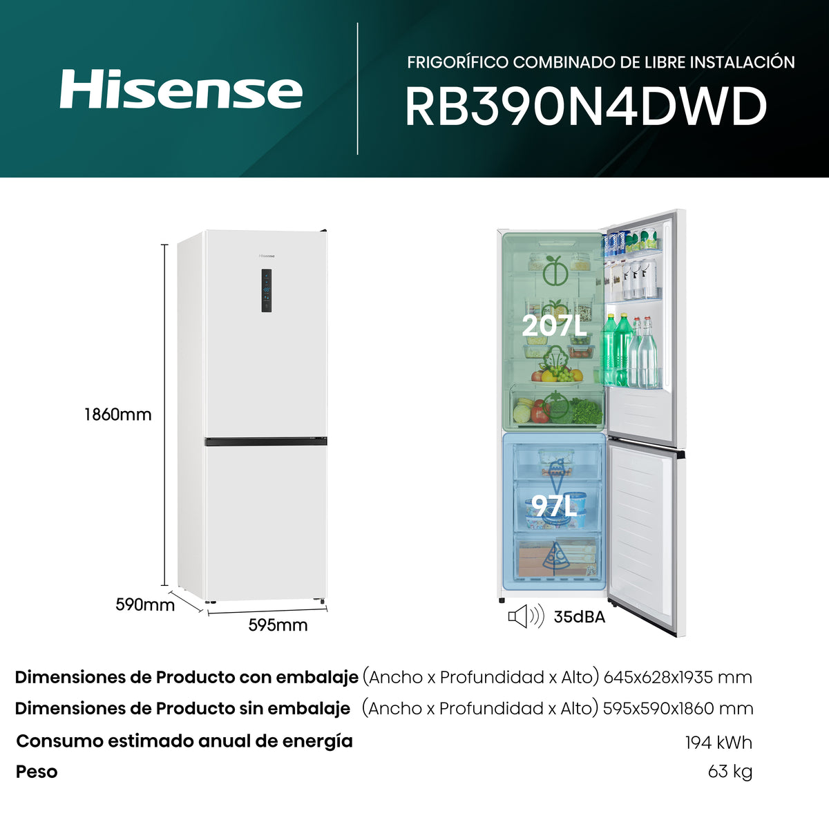 Frigorífico combi Hisense RB390N4DWD, imagen complementaria 2