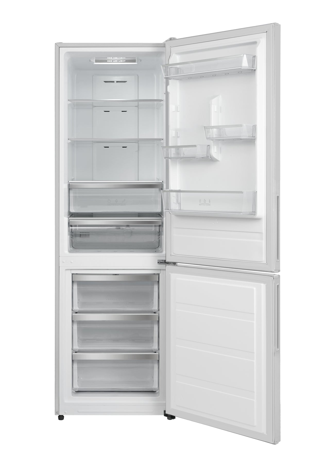 Interior del frigorífico combi Artica COOLTECH188DB 310 L blanco, compartimentos de refrigeración y congelación abiertos