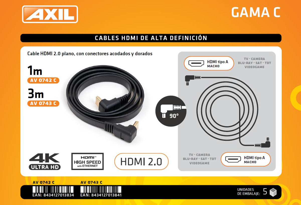 CABLE AXIL HDMI PLANO CONECTOR 90º 3M