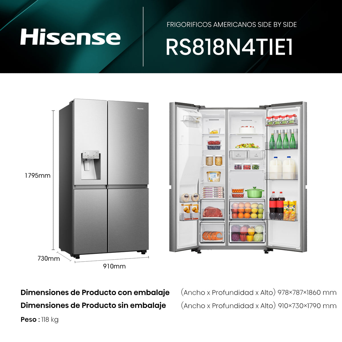 Hisense RS818N4TIE1 – vista frontal con dispensador de agua y hielo