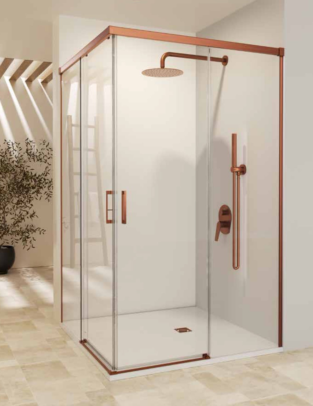 Mampara de ducha angular Stylo entrada en vértice 2 fijos + 2 correderas Oro Rosa Cepillado SB_X