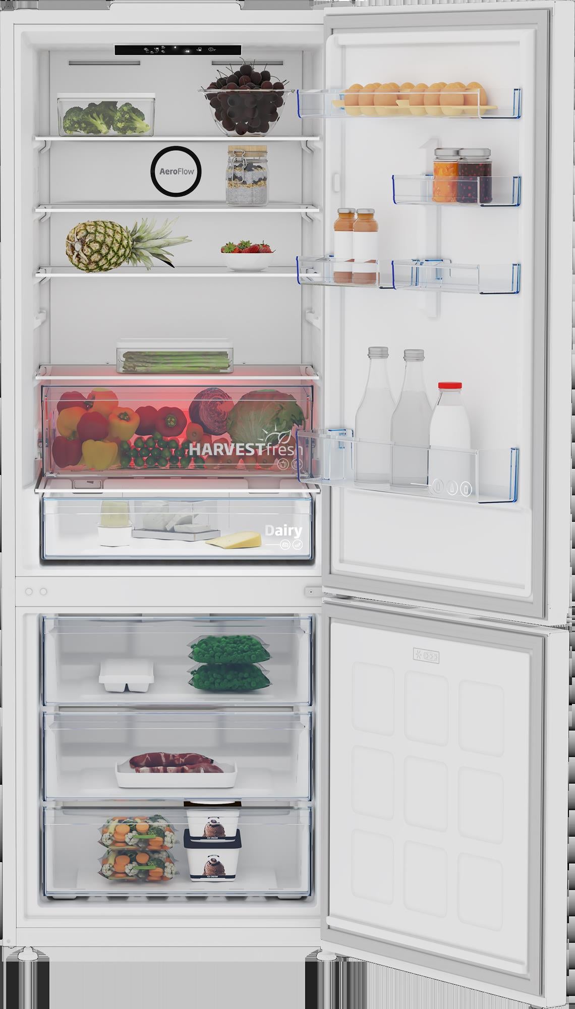 Frigorífico combi Beko B3RCNE564HW – detalle de puerta y estantes