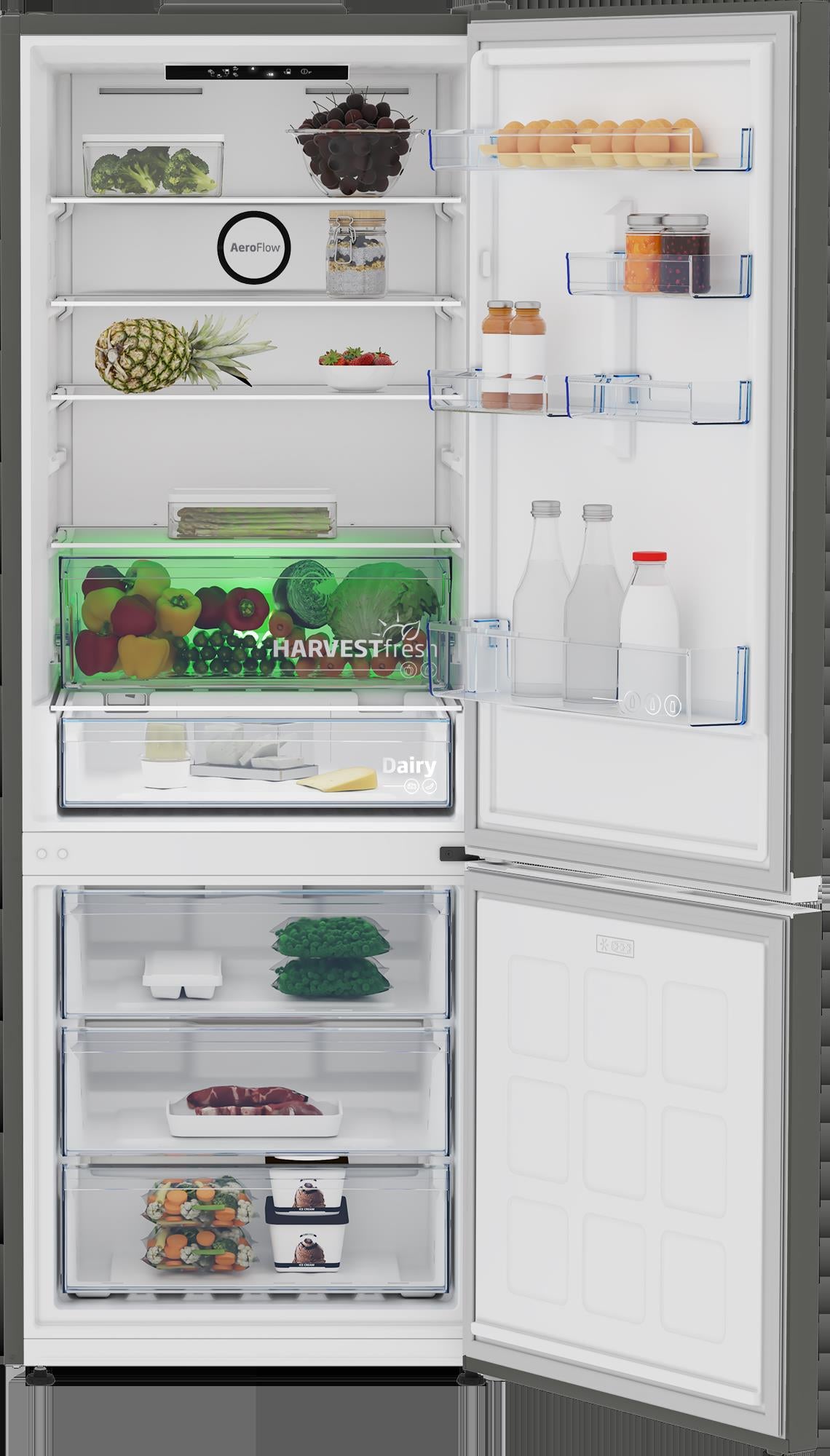Frigorífico combi Beko B3RCNE564HG – detalle de puerta y estantes
