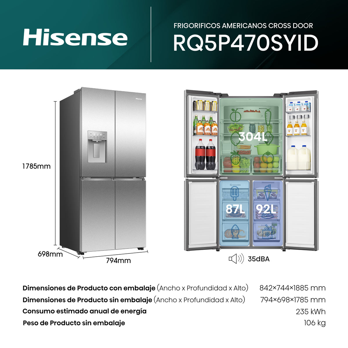 Hisense RQ5P470SYID – vista frontal con dispensador