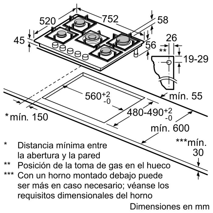 ENCIM. BOSCH PPQ7A6I40 75CM 5F GAS NAT NEGRO