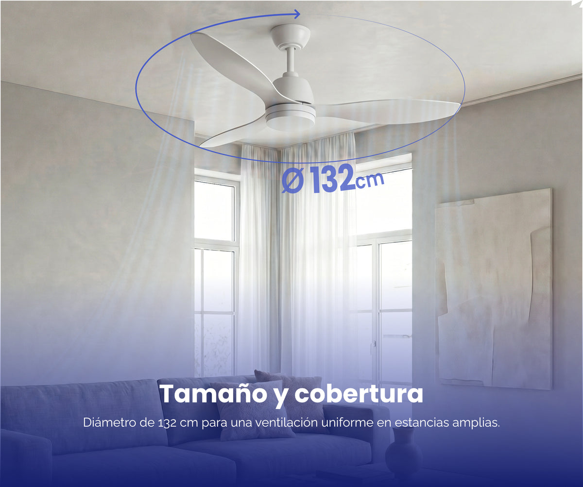 Ventilador de techo blanco instalado en una estancia, con su diámetro de 132 cm señalado.