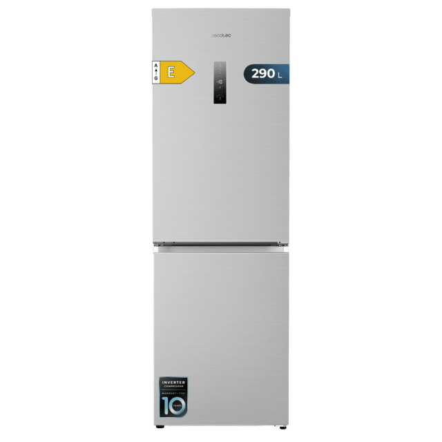 Frigorífico Cecotec Bolero CoolMarket Combi 290 Inox, imagen frontal del acabado inoxidable