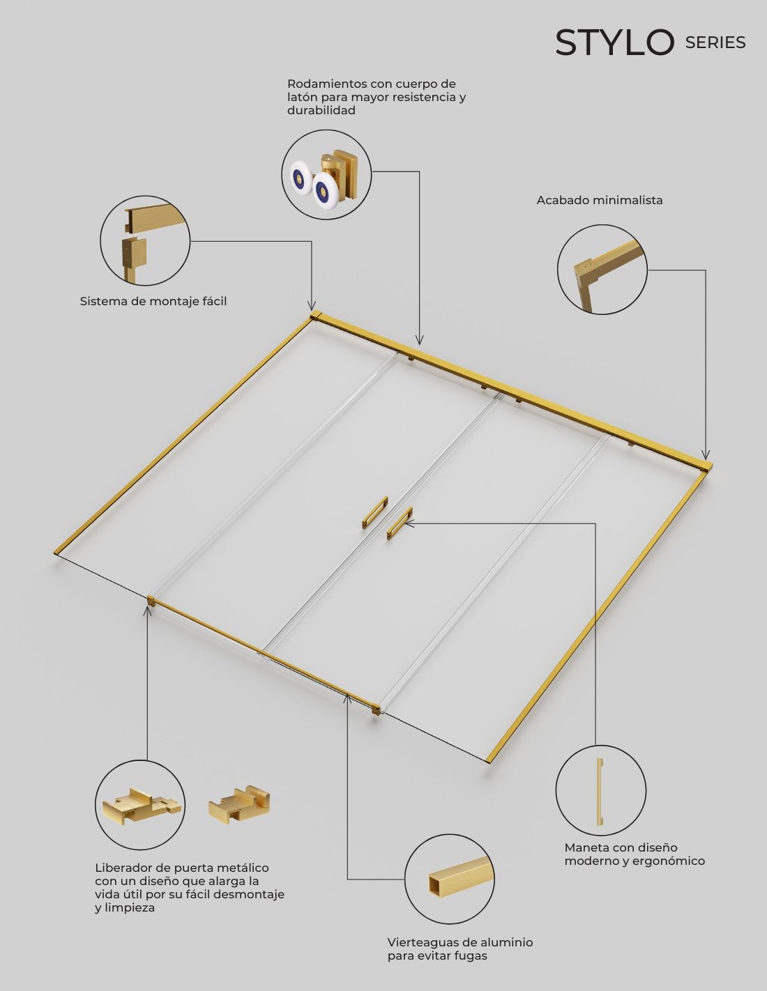 Mampara de ducha frontal Stylo 2 fijos + 2 correderas Oro Cepillado SB_X