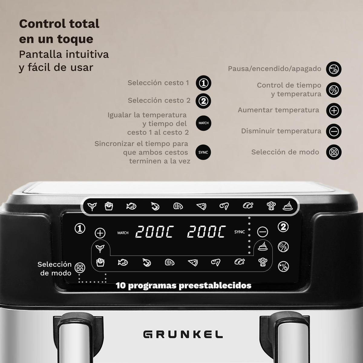 Freidora aire doble cesta 10 L Grunkel DUALFLEXIFRYER