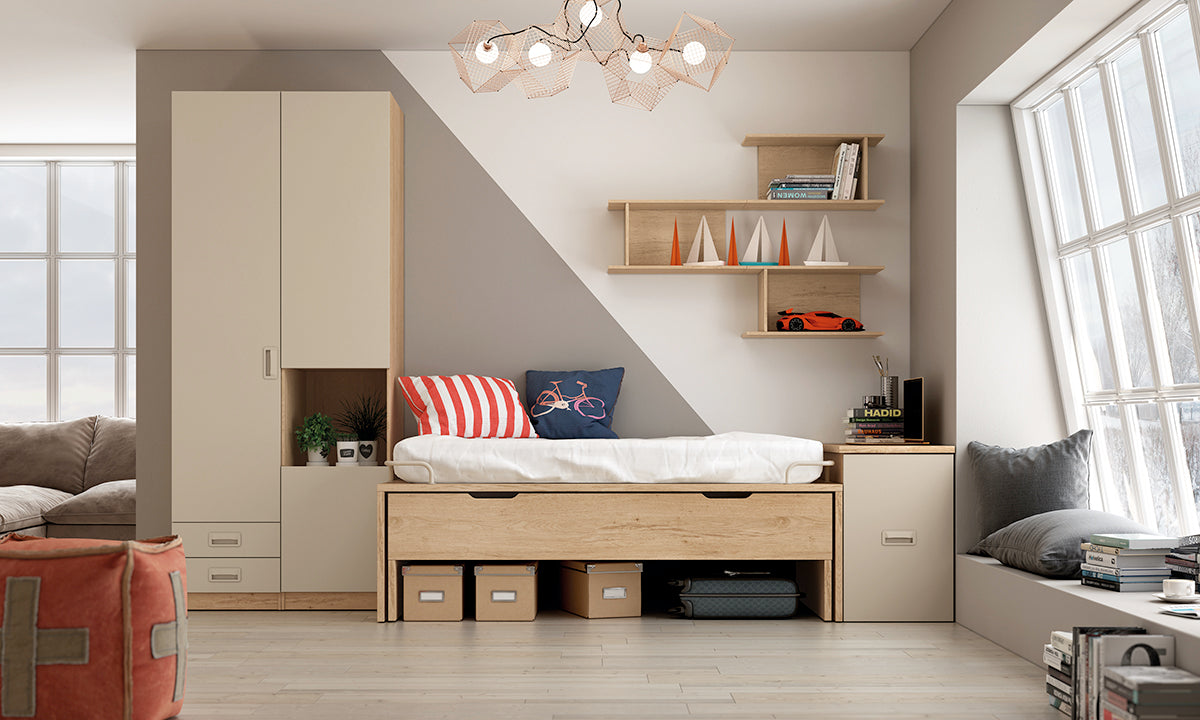 Armario 2 cuerpos (1 puerta y 2 cajones + 2 puertas y hueco) IZQUIERDA alto 238,5 cm de Muebles Azor, colección juvenil LIDER go, en el dormitorio L218