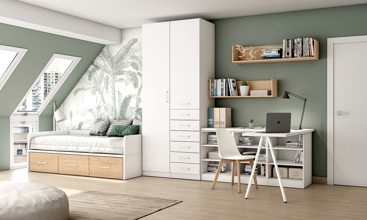 Dormitorio juvenil LIDER go L222 de Muebles Azor, ambiente de referencia para armario (2 cuerpos) 2 puertas + xifonier IZQUIERDA alto 238,5 cm