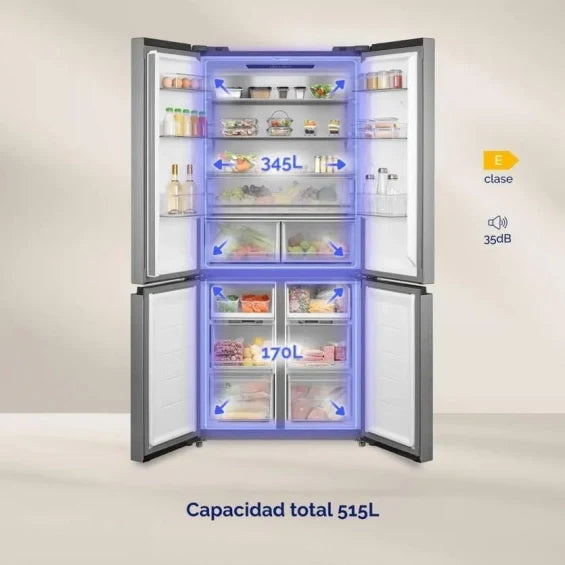 Frigorífico Artica MAXICOOL515EI abierto, estantes de refrigeración y compartimentos inferiores del congelador