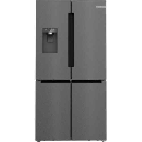 Frigorífico 4 puertas Bosch KFI96AXEA negro antihuellas de 574 litros, vista frontal cerrada con dispensador de agua y hielo