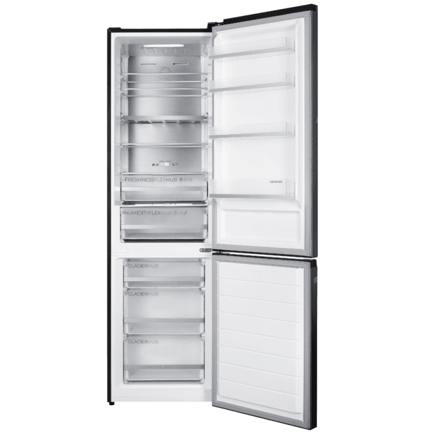 Interior abierto del frigorífico combi Cecotec Bolero CoolMarket 377 Inox A