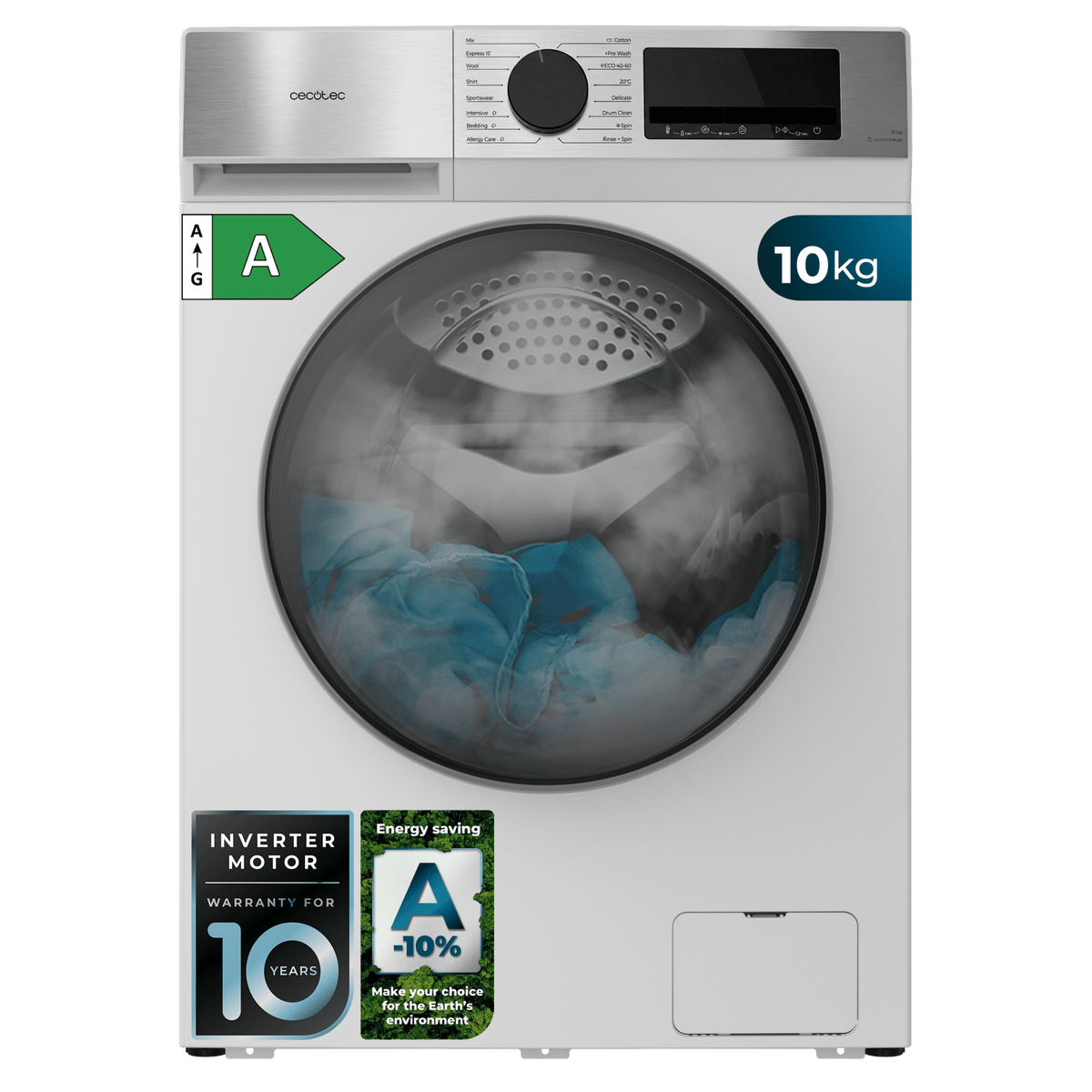 Lavadora Cecotec Bolero DressCode 10450 Inverter 10 kg, vista frontal, acabado blanco